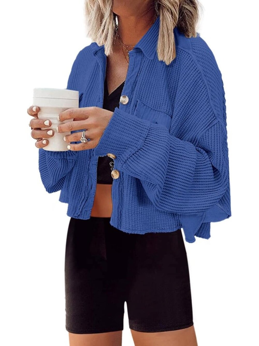 Women Blue Cropped Waffle Knit Button Down Batwing Sleeve Pocket Cardigan Jacket